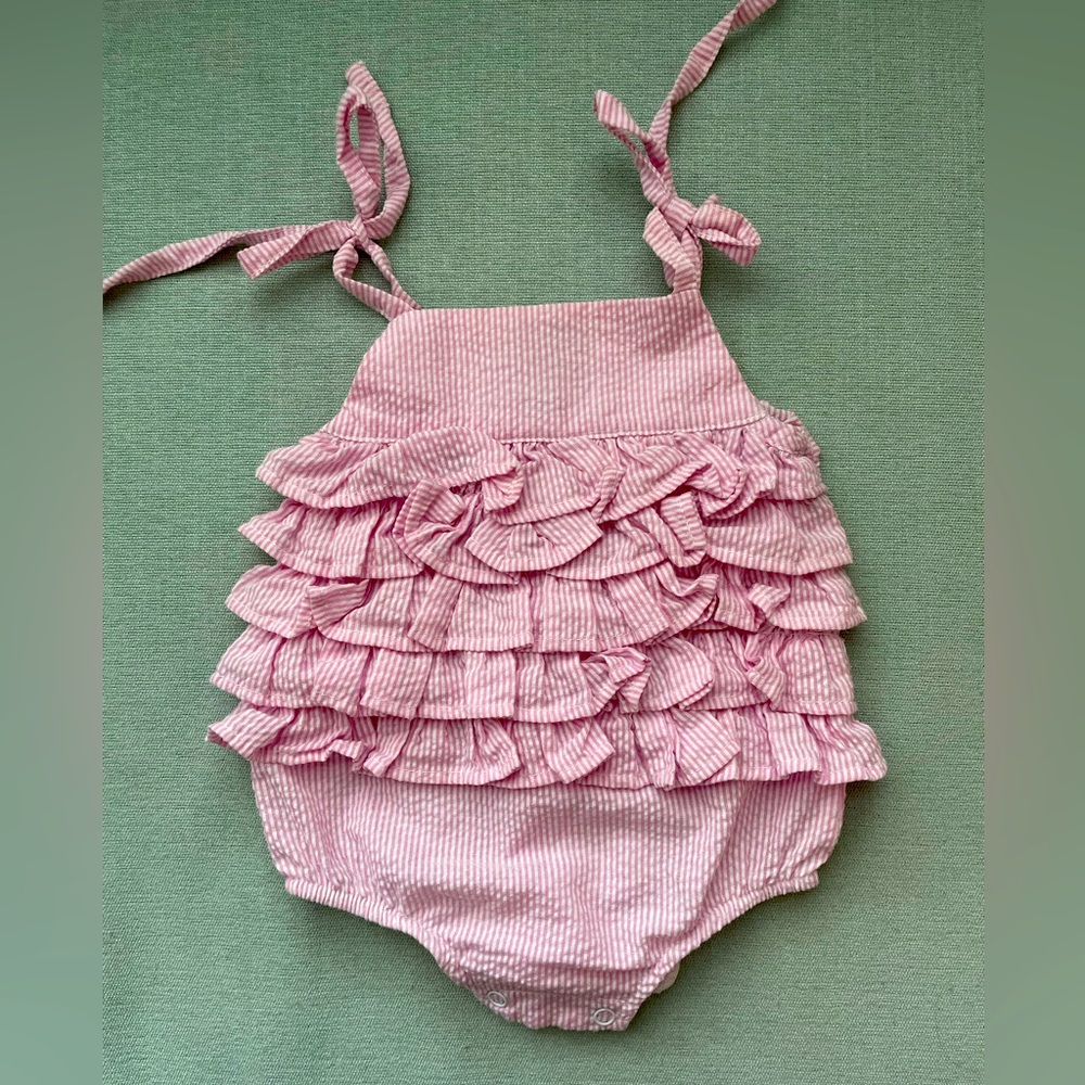Mud Pie Pink Ruffle Seersucker Baby One-Piece